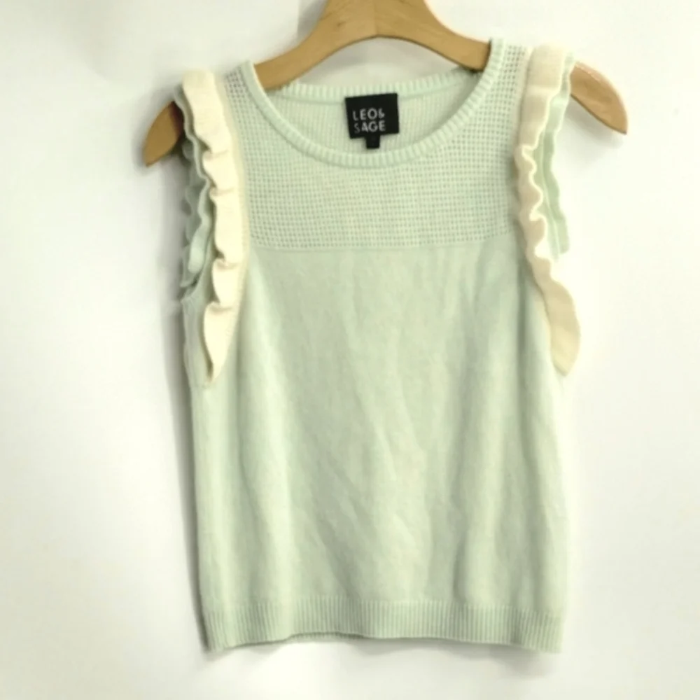Leo & Sage Cashmere Sweater Tank Aqua Ruffle Shoulder‎